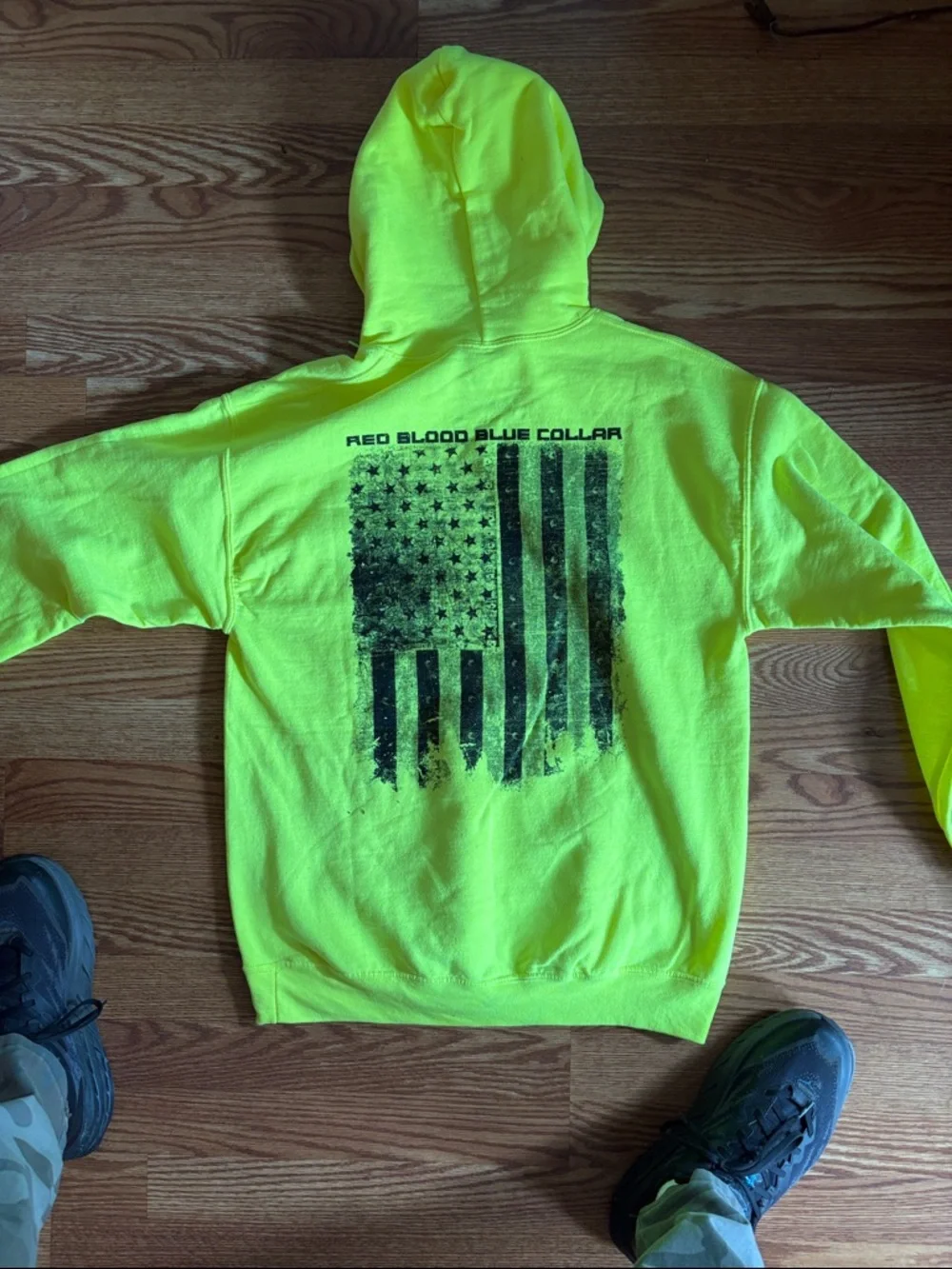 Grunt Style Men's Neon Yellow Crewneck Hoodie with Small Chest Flag - - Picture 4 of 5